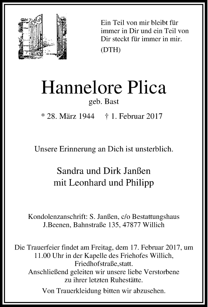 Traueranzeige für Hannelore Plica vom 11.02.2017 aus Tageszeitung