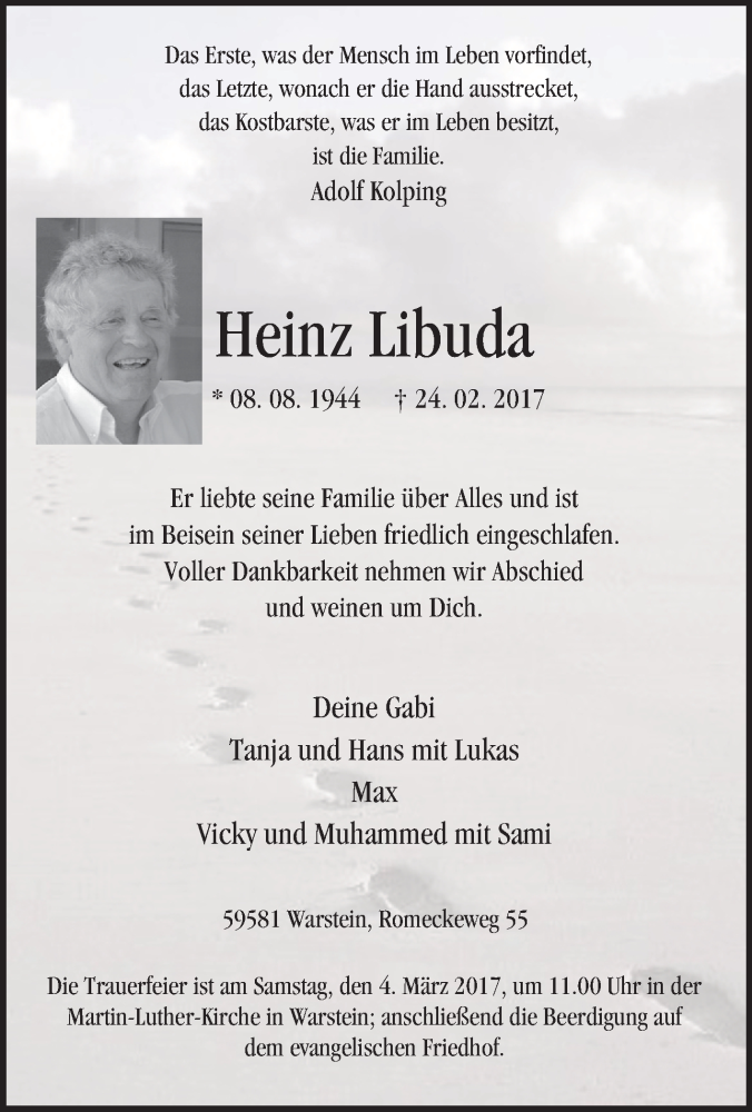 Traueranzeige für Heinz Libuda vom 28.02.2017 aus Tageszeitung