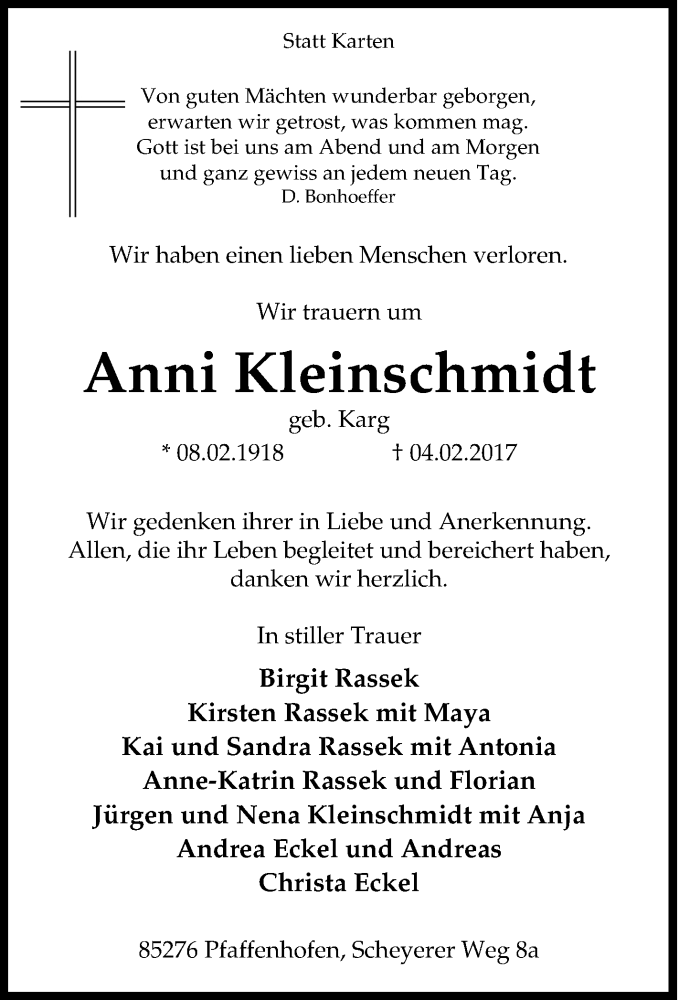  Traueranzeige für Anni Kleinschmidt vom 10.02.2017 aus Tageszeitung