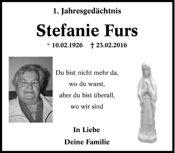 Traueranzeige von Stefanie Furs von Tageszeitung