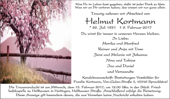 Traueranzeige von Helmut Kortmann von Tageszeitung