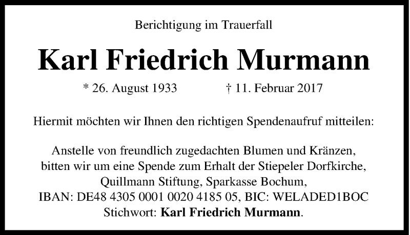  Traueranzeige für Karl Friedrich  Murmann vom 15.02.2017 aus Tageszeitung