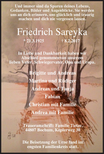 Traueranzeige von Friedrich Sareyka von Tageszeitung