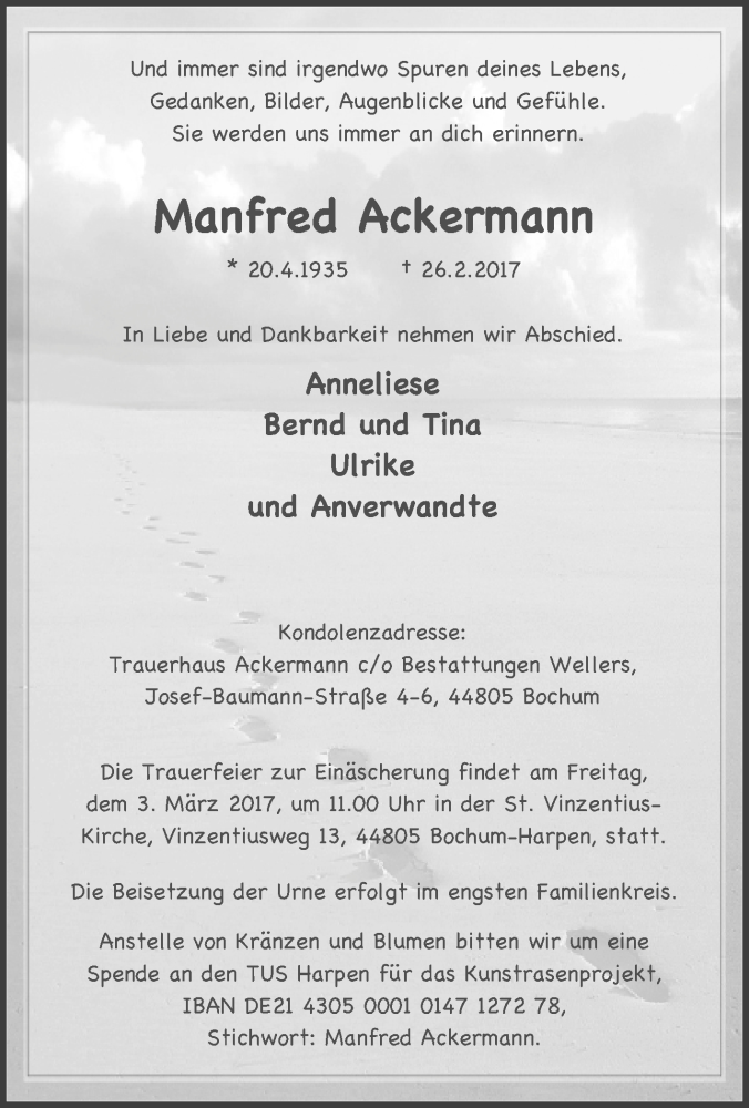 Traueranzeigen von Manfred Ackermann TrauerinNRW.de