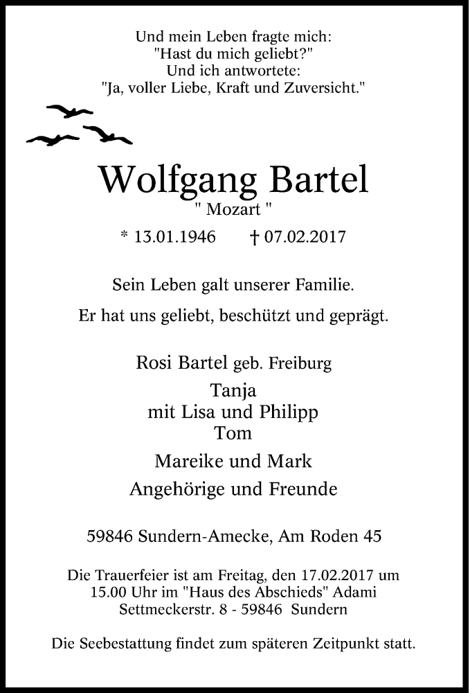  Traueranzeige für Wolfgang Bartel vom 09.02.2017 aus Tageszeitung