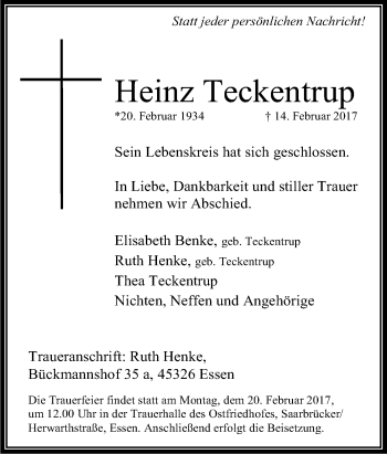 Traueranzeige von Heinz Teckentrup von Tageszeitung