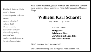 Traueranzeige von Wilhelm Karl Schardt von Tageszeitung