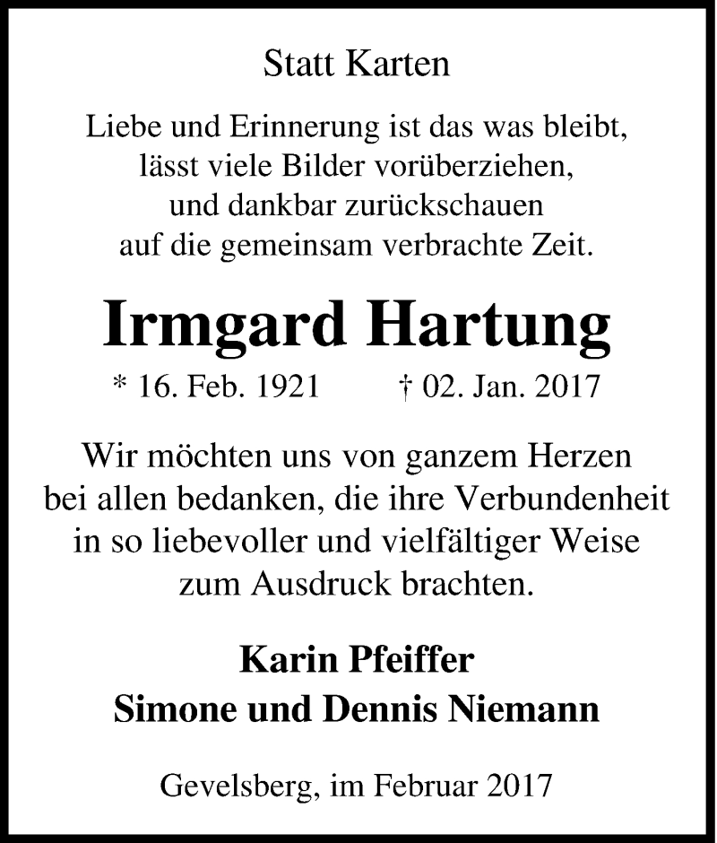  Traueranzeige für Irmgard Hartung vom 04.02.2017 aus Tageszeitung