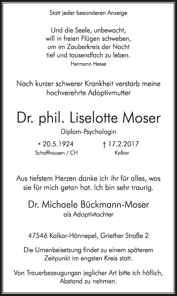  Traueranzeige für Liselotte Moser vom 18.02.2017 aus Tageszeitung