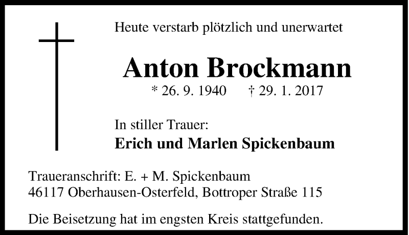  Traueranzeige für Anton Brockmann vom 04.02.2017 aus Tageszeitung