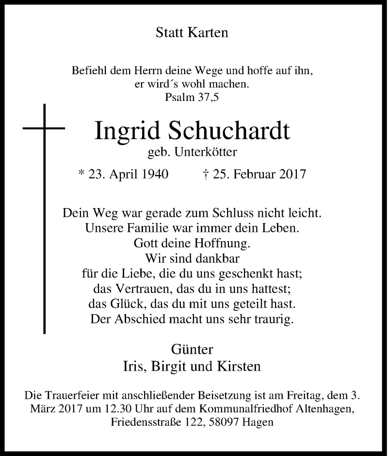  Traueranzeige für Ingrid Schuchardt vom 28.02.2017 aus Tageszeitung