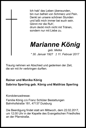 Traueranzeige von Marianne König von Tageszeitung