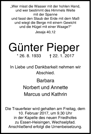 Traueranzeige von Günter Pieper von Tageszeitung