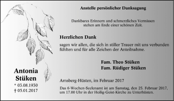 Traueranzeige von Antonia Stüken von Tageszeitung