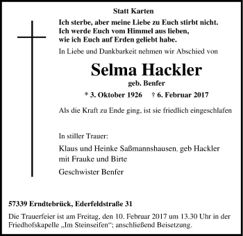 Traueranzeige von Selma Hackler von Tageszeitung