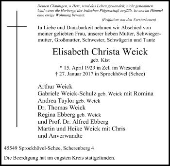 Traueranzeige von Elisabeth Christa Weick von Tageszeitung