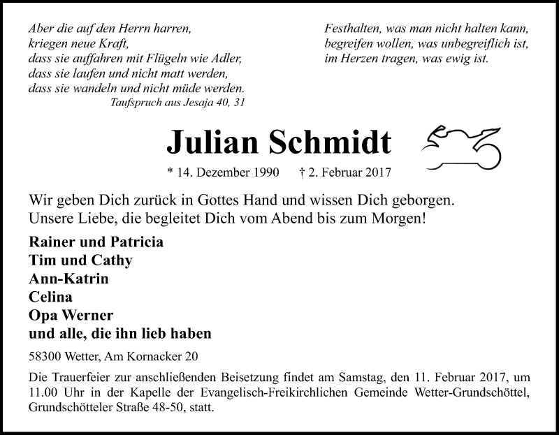  Traueranzeige für Julian Schmidt vom 07.02.2017 aus Tageszeitung