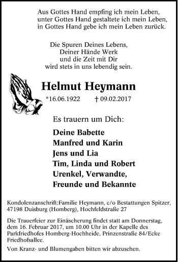 Traueranzeige von Helmut Heymann von Tageszeitung
