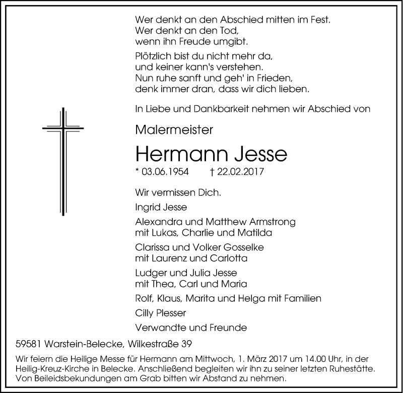  Traueranzeige für Hermann Jesse vom 25.02.2017 aus Tageszeitung