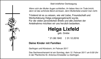 Traueranzeige von Helga Lixfeld von Tageszeitung