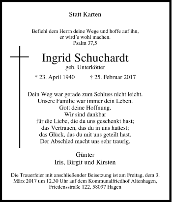 Traueranzeige von Ingrid Schuchardt von Tageszeitung