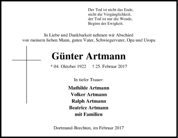Traueranzeige von Günter Artmann von Tageszeitung