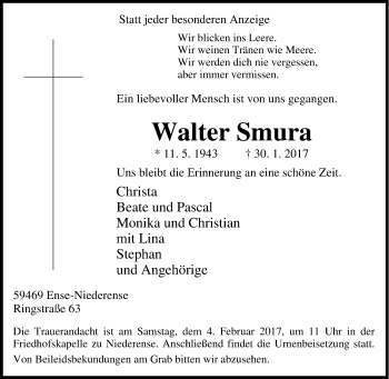 Traueranzeige von Walter Smura von Tageszeitung