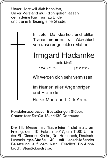 Traueranzeige von Irmgard Hadamke von Tageszeitung