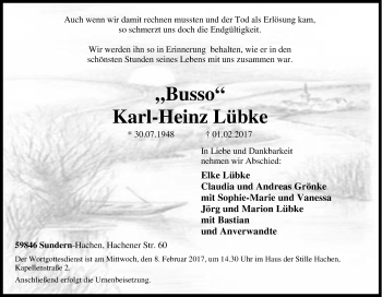 Traueranzeige von Karl-Heinz Lübke von Tageszeitung