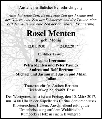 Traueranzeige von Rosel Menten von Tageszeitung