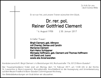 Traueranzeige von Reiner Gottfried Clement von Tageszeitung