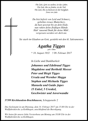 Traueranzeige von Agatha Tigges von Tageszeitung