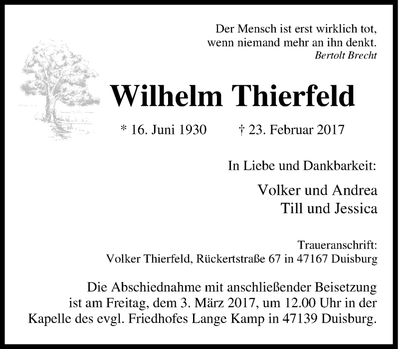  Traueranzeige für Wilhelm Thierfeld vom 28.02.2017 aus Tageszeitung