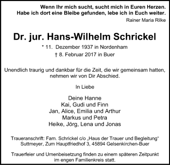 Traueranzeige von Hans-Wilhelm Schrickel von Tageszeitung