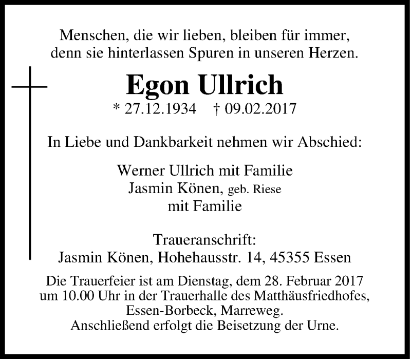  Traueranzeige für Egon Ullrich vom 18.02.2017 aus Tageszeitung