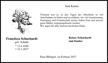 Traueranzeige von Franzisca Schuchardt von Tageszeitung