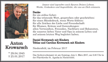 Traueranzeige von Anton Krowarsch von Tageszeitung