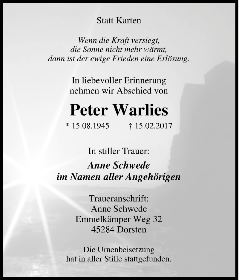  Traueranzeige für Peter Warlies vom 21.02.2017 aus Tageszeitung