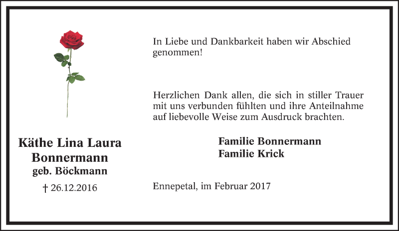  Traueranzeige für Käthe Lina Laura Bonnermann vom 04.02.2017 aus Tageszeitung