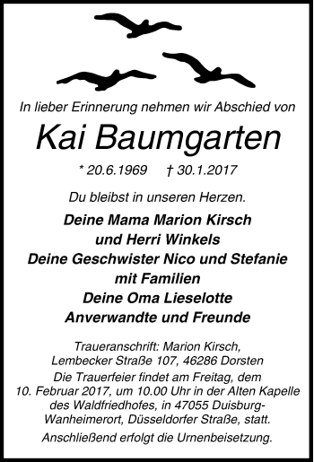 Traueranzeige von Kai Baumgarten von Tageszeitung