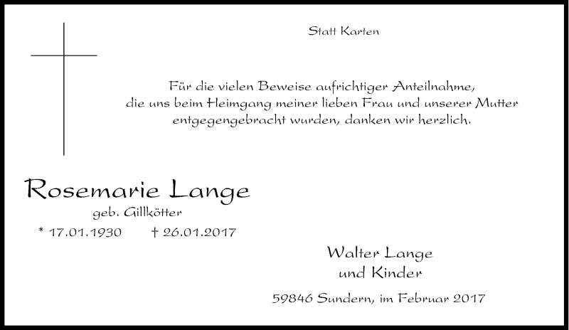  Traueranzeige für Rosemarie Lange vom 13.02.2017 aus Tageszeitung