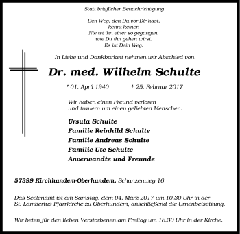 Traueranzeige von Wilhelm Schulte von Tageszeitung