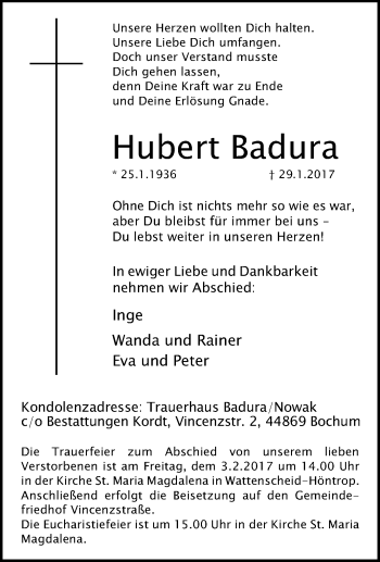 Traueranzeige von Hubert Badura von Tageszeitung