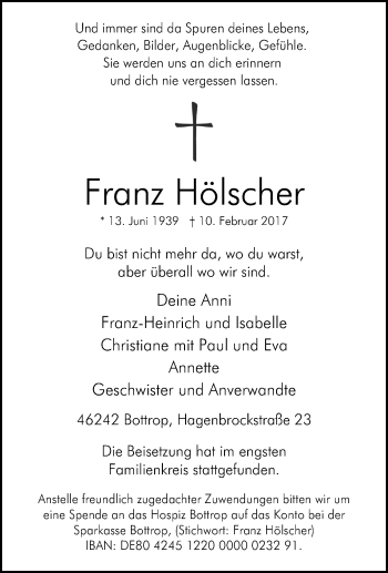 Traueranzeige von Franz Hölscher von Tageszeitung