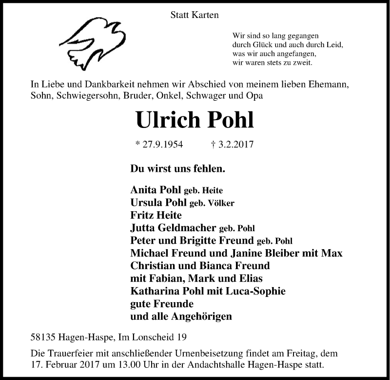  Traueranzeige für Ulrich Pohl vom 11.02.2017 aus Tageszeitung