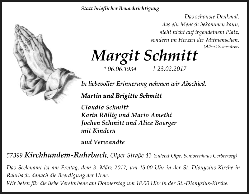  Traueranzeige für Margit Schmitt vom 27.02.2017 aus Tageszeitung