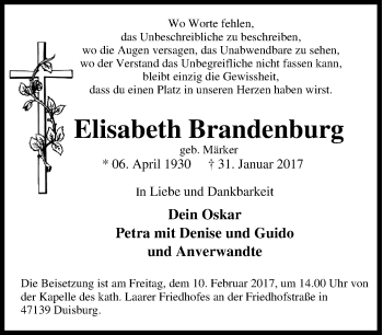 Traueranzeige von Elisabeth Brandenburg von Tageszeitung