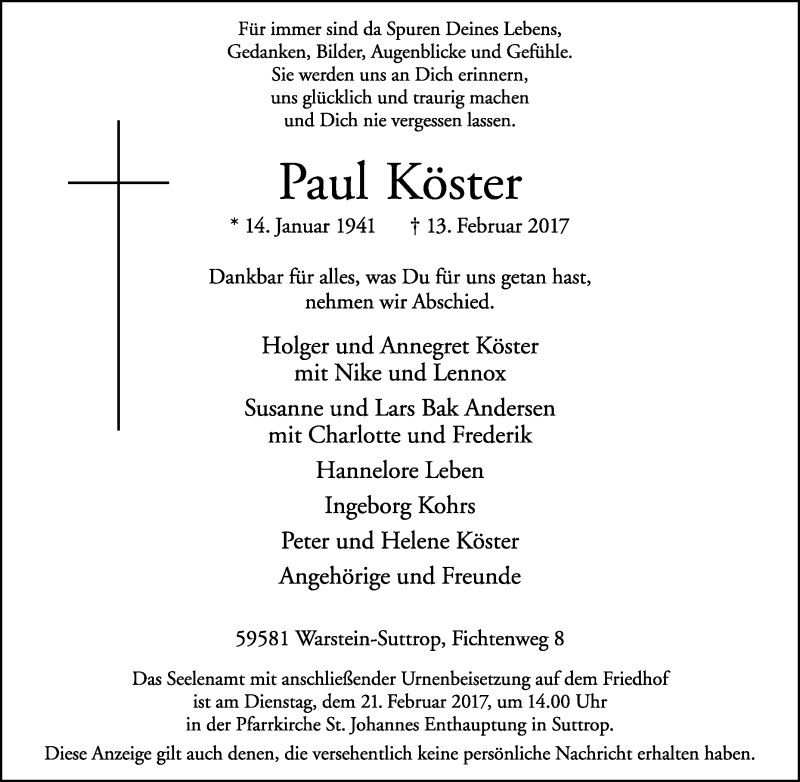  Traueranzeige für Paul Köster vom 16.02.2017 aus Tageszeitung
