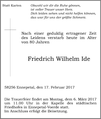Traueranzeige von Friedrich Wilhelm Ide von Tageszeitung