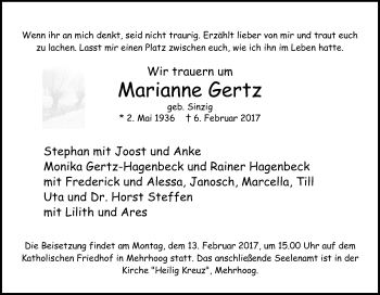 Traueranzeige von Marianne Gertz von Tageszeitung